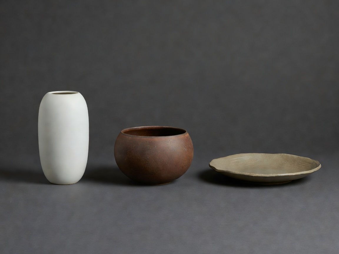 Three ceramic collection forms on a plain softly lit charcoal surface