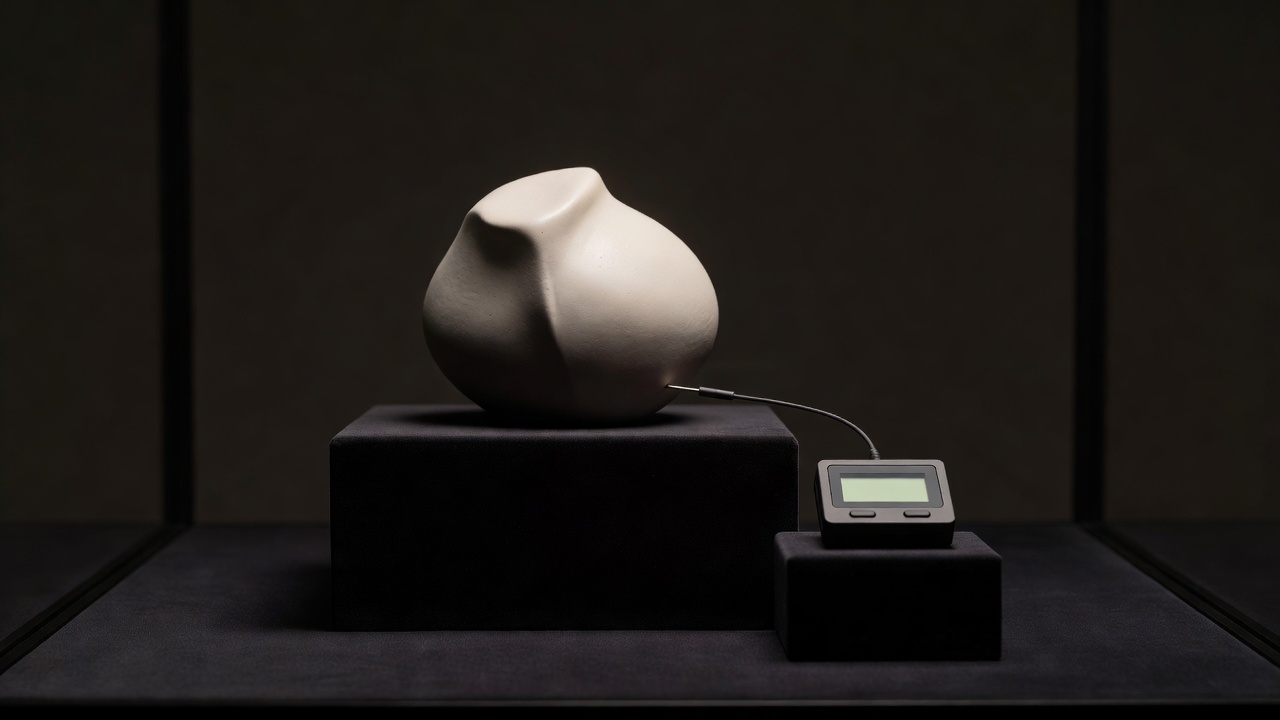 Ceramic object under soft display lighting with a nearby temperature logger