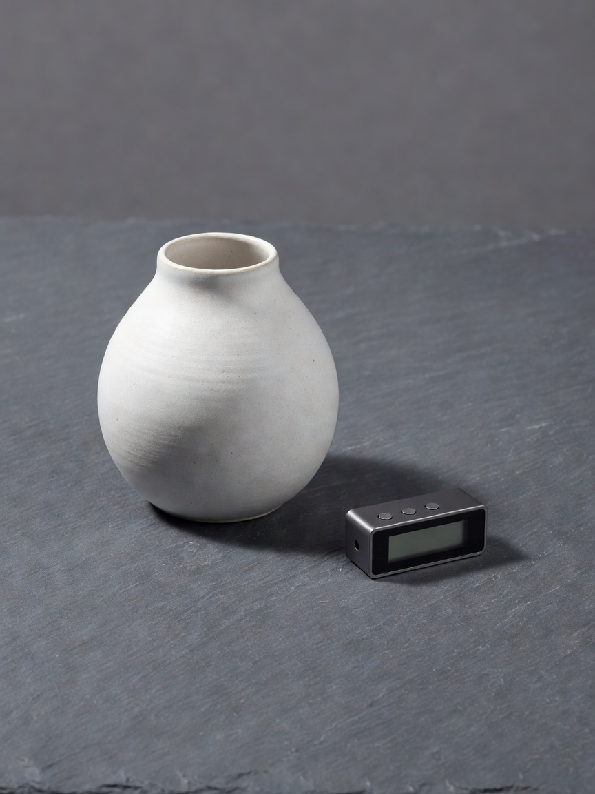 Soft-lit ceramic vessel beside a small climate sensor on a plain slate background