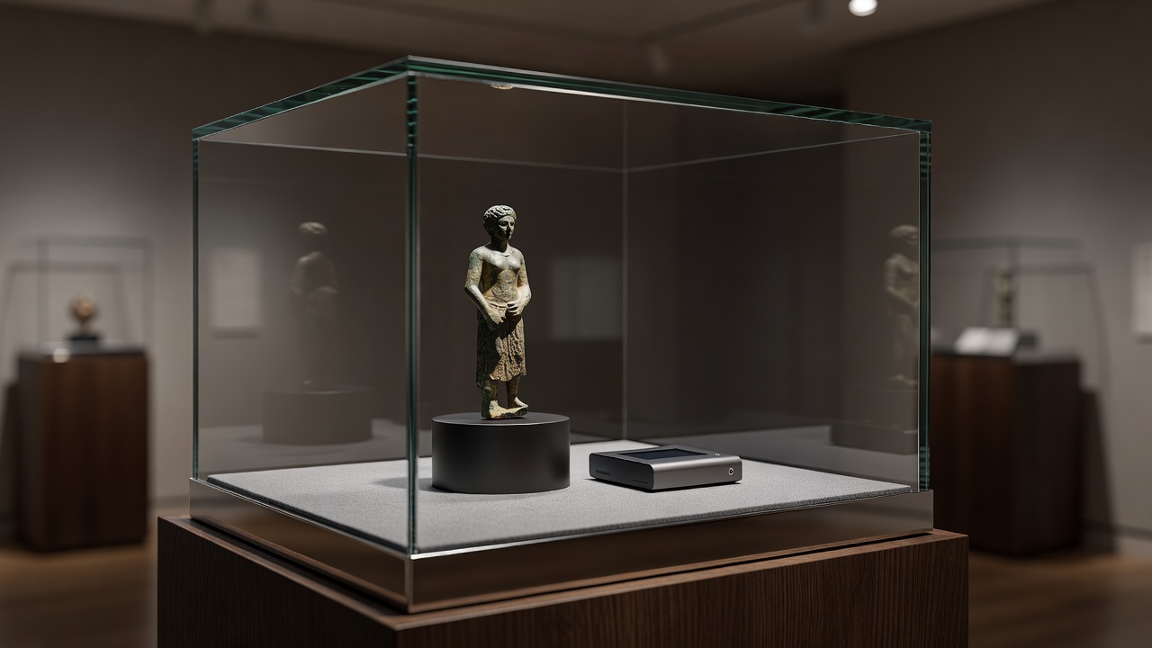 Museum display case with a discreet environmental sensor positioned near an object mount
