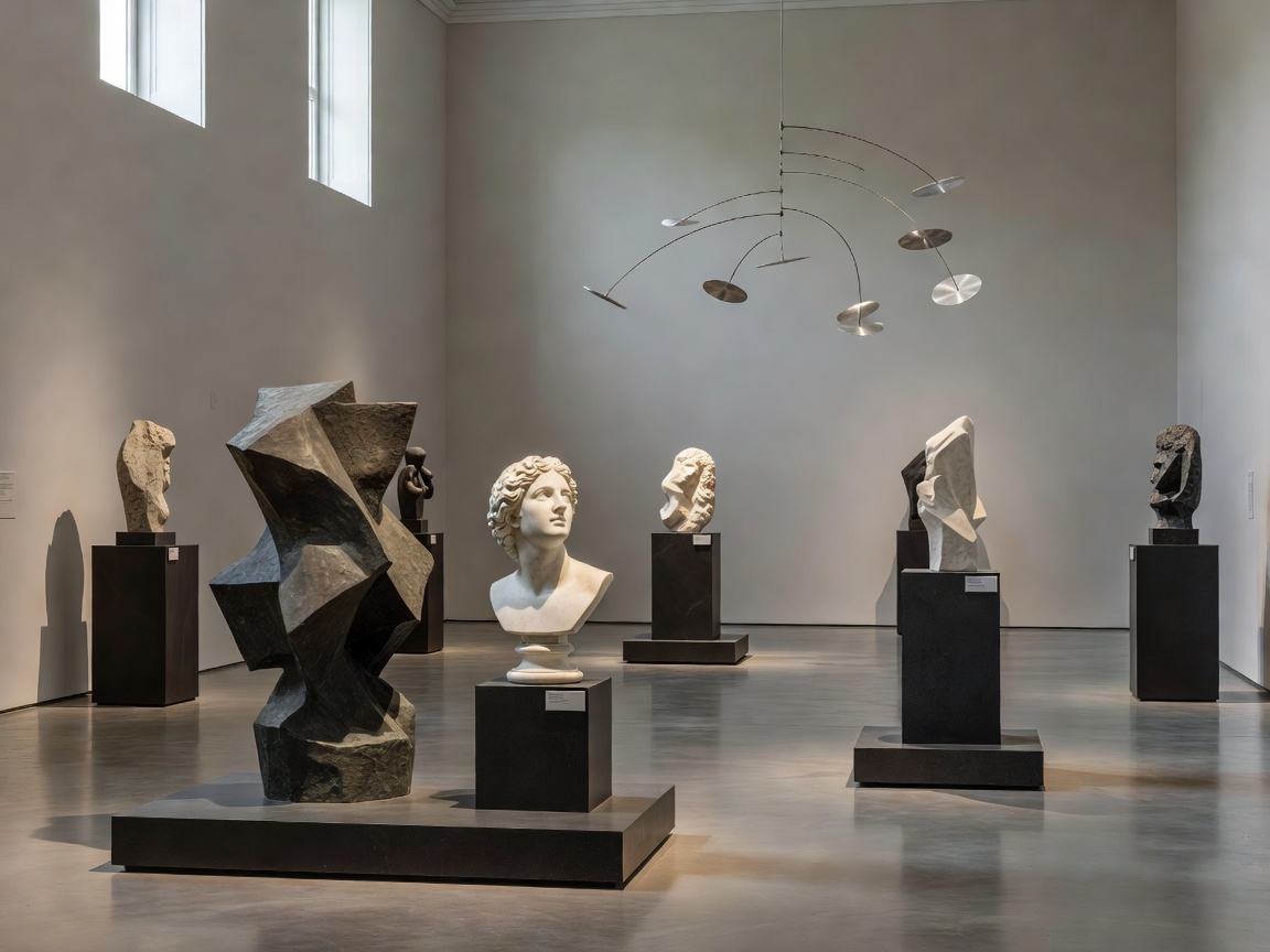Sculptural collection objects displayed in a quiet museum gallery
