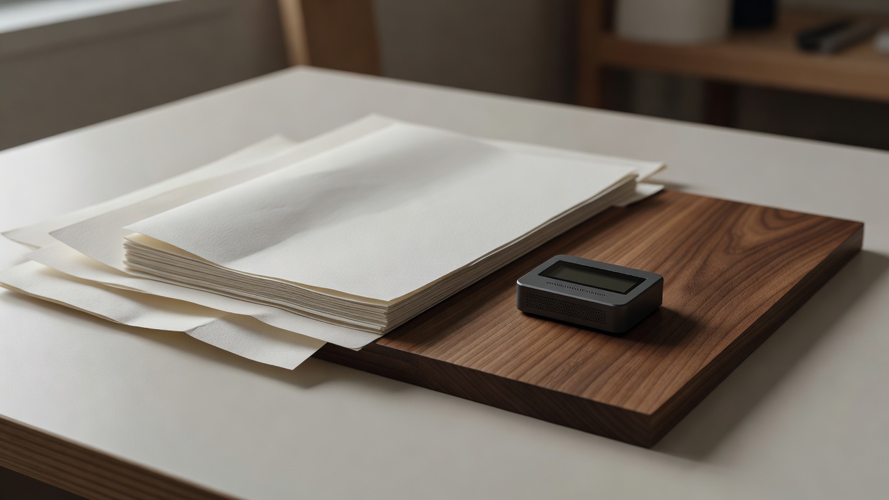 Paper sheets, a wooden panel and a humidity sensor in a softly lit material study