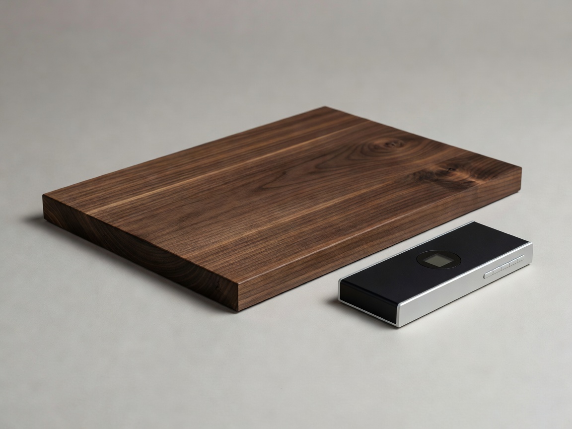 Wooden collection panel and humidity logger arranged on a neutral studio surface